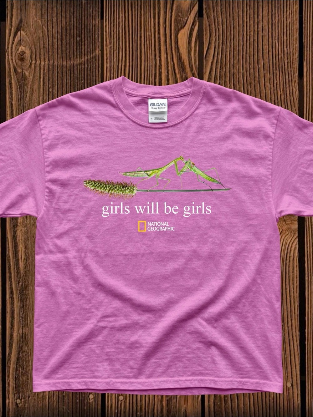 Gildan Pink Tee with Green Praying Mantis Graphic